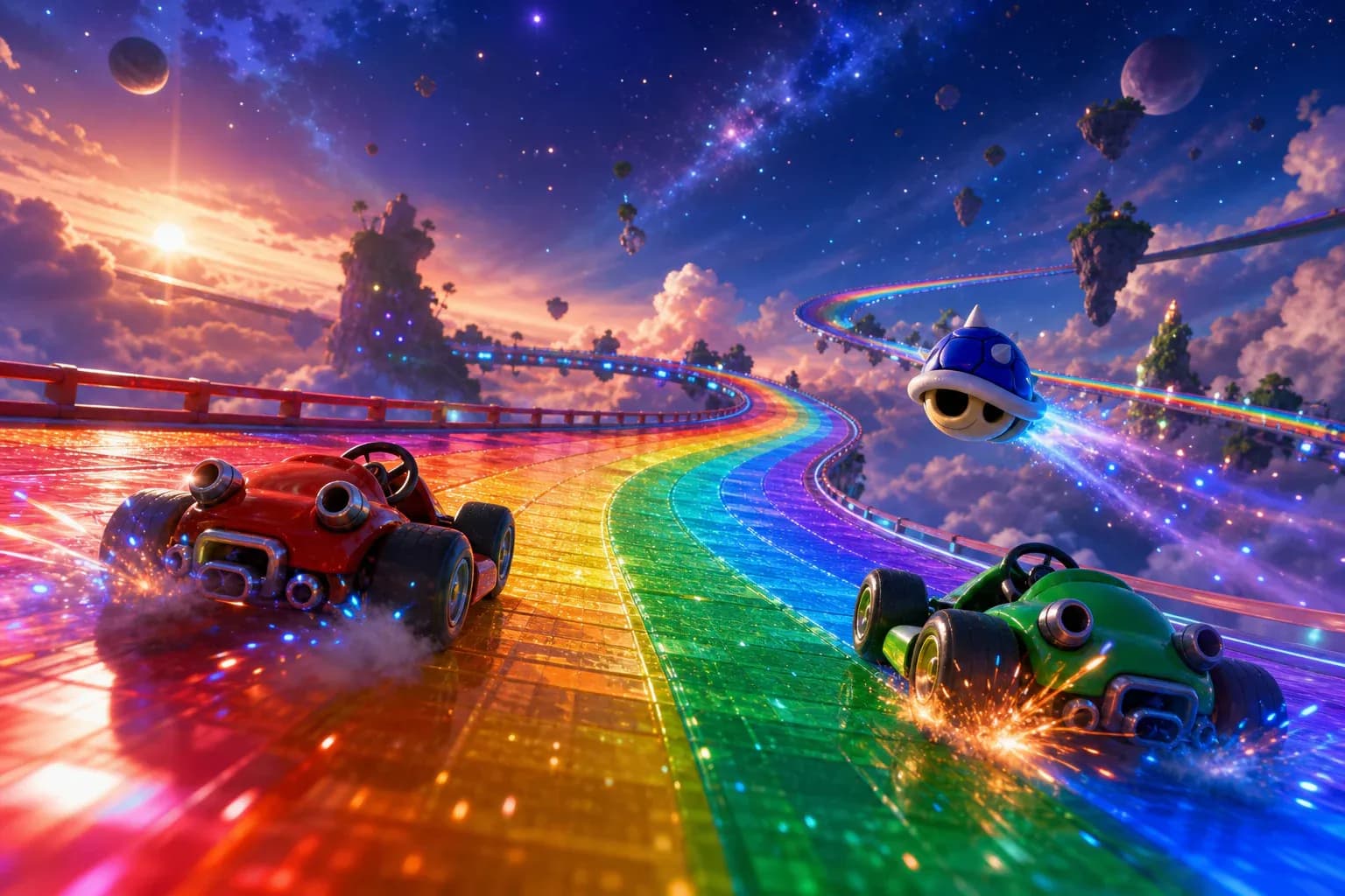 Karts rojos y verdes derrapando sobre una carretera arcoíris entre las nubes
