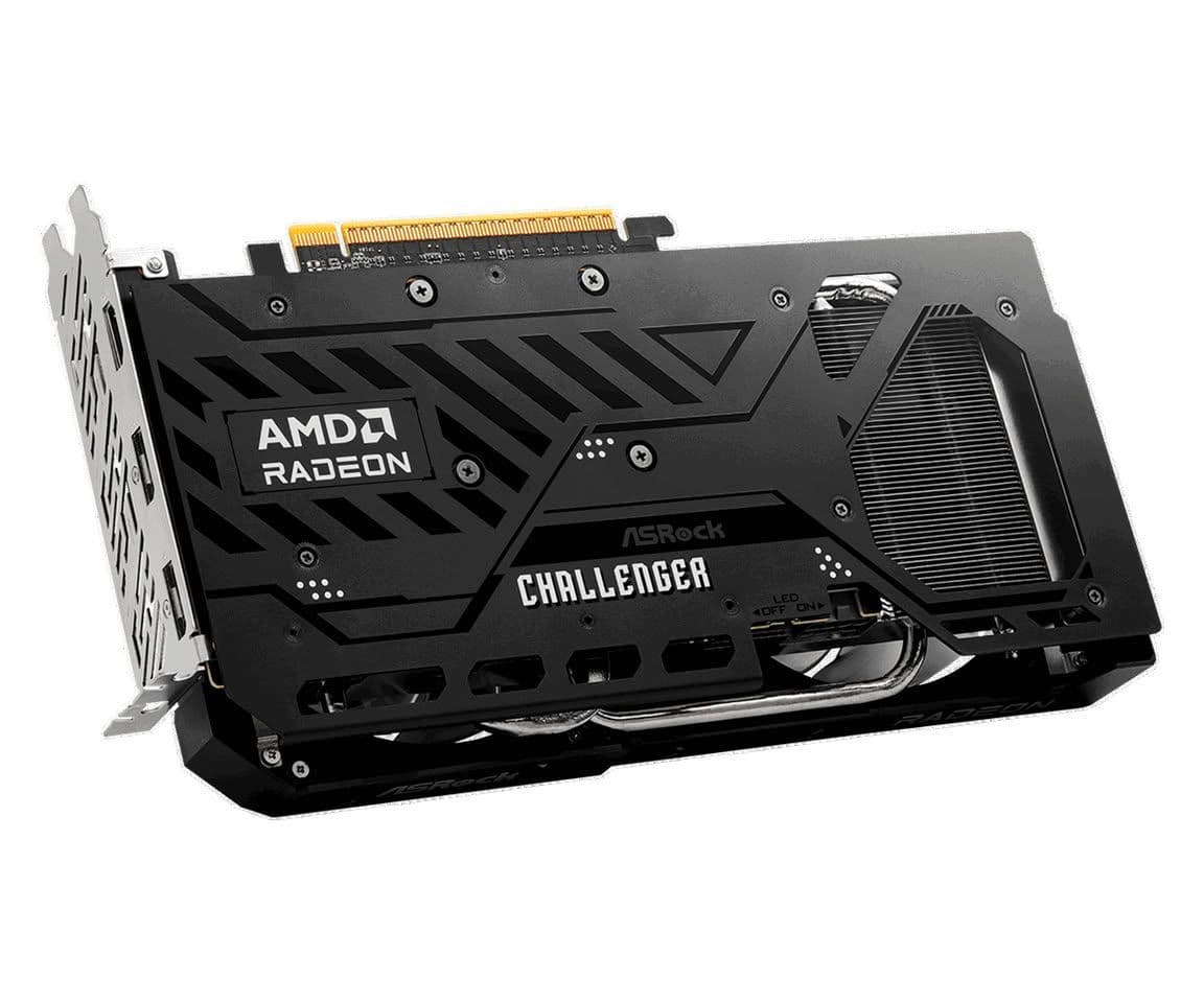 La RX 9050 Challenger utiliza una placa trasera metálica y ocupa dos ranuras. Imagen: ASRock.