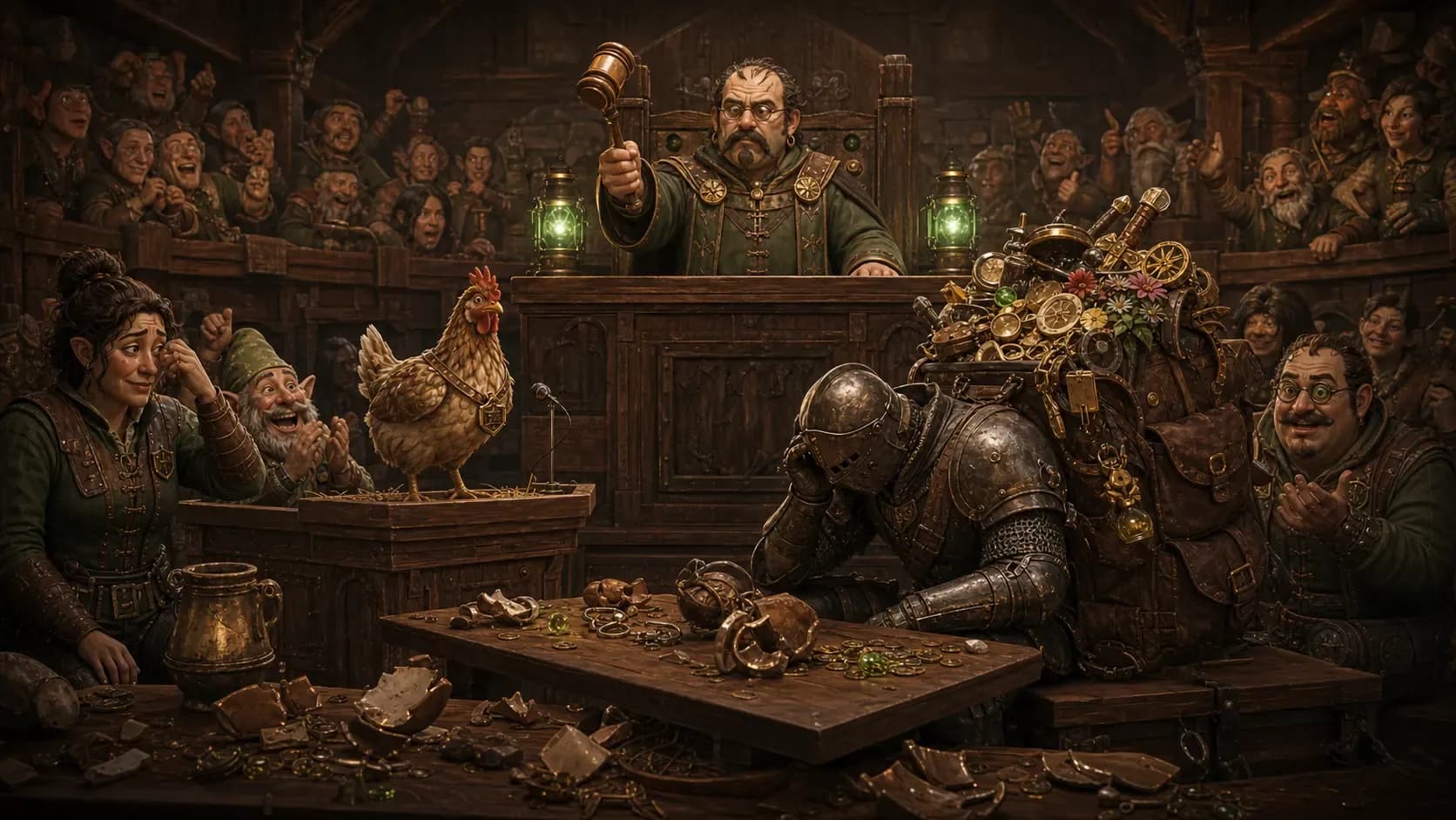 El tribunal dicta sentencia mientras la gallina testigo contempla al acusado y los NPC celebran el veredicto. Ilustración original generada con IA para El Pixel Gamberro.