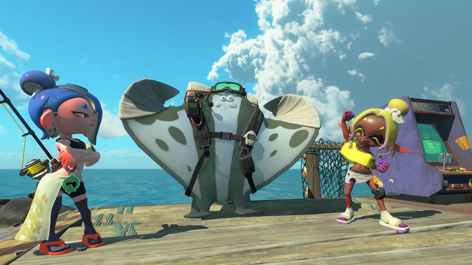 El Clan Surimi acompaña al mecánico durante la aventura en las islas Espiralita. Captura promocional oficial de Splatoon Raiders. © Nintendo; uso editorial informativo.