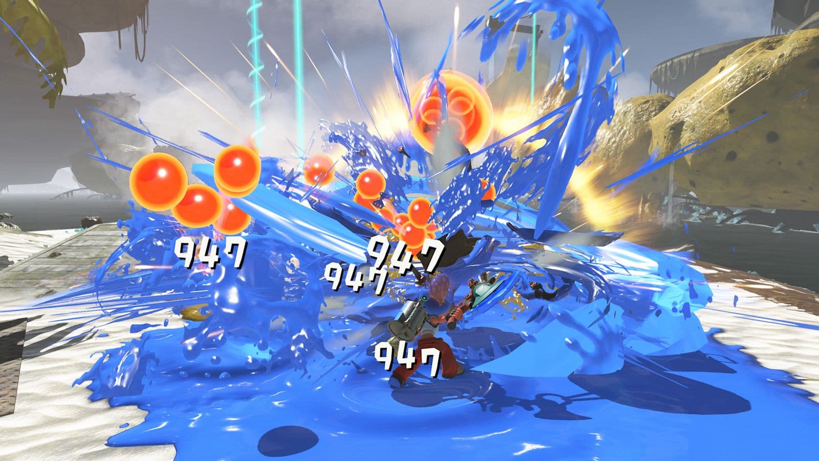 Una habilidad mecánica golpea simultáneamente a varios salmónidos. Captura promocional oficial de Splatoon Raiders. © Nintendo; uso editorial informativo.
