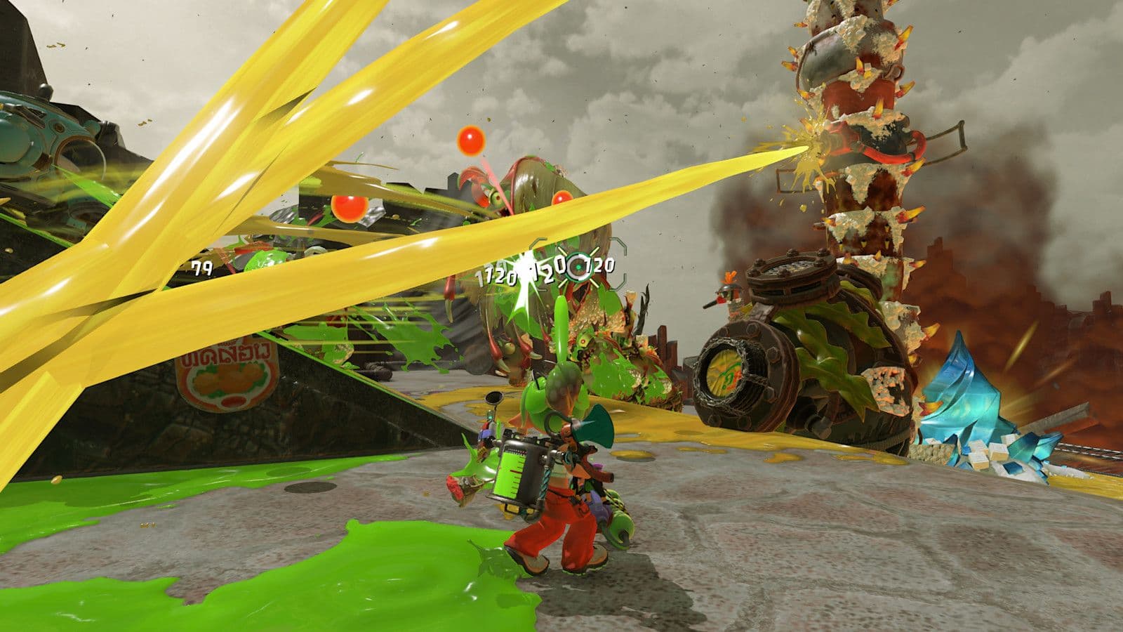 El combate contra grandes grupos de salmónidos convierte la pantalla en un caos de tinta y proyectiles. Captura promocional oficial de Splatoon Raiders. © Nintendo; uso editorial informativo.